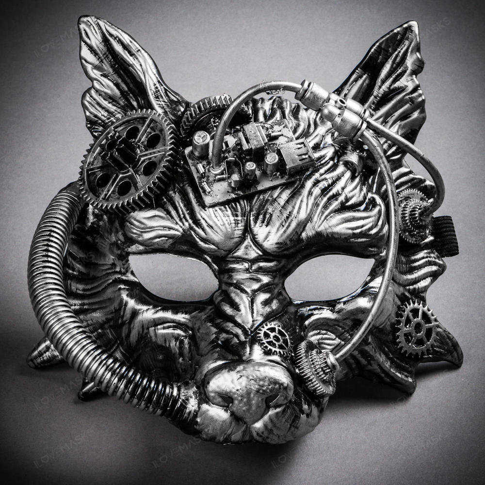 Wild Wolf Animal Steampunk Full Face Masquerade Mask - Black Silver